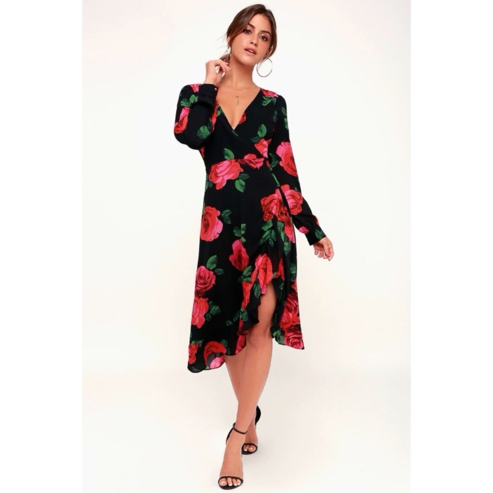 NWT Lulu’s Magic Love Floral Print Wrap Midi Dress